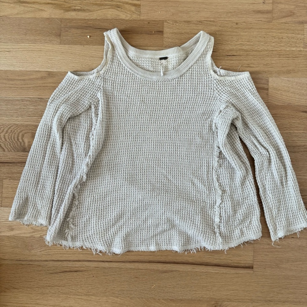 Free People waffle patterned long-sleeved shirt in a beige color.